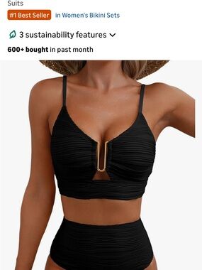 Black Two-Piece Textured Bikini with Gold U-Bar